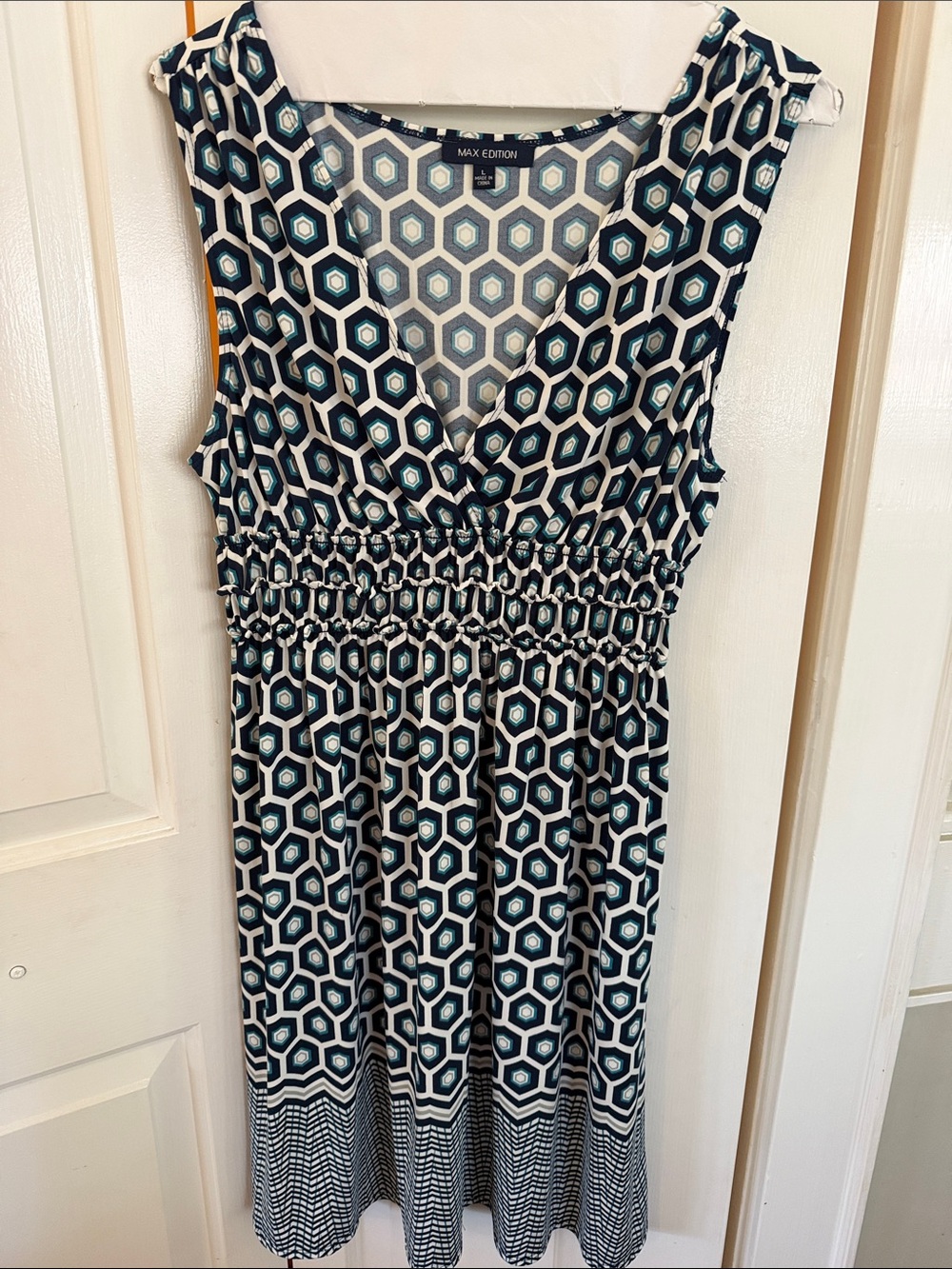 Gently Used Geometrical Print Dress with elastic waist. Size Large
